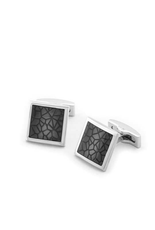 Stříbrné čtvercové manžetové knoflíčky s černým geometrickým středem Lux 164