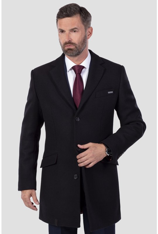 Černý pánský kabát TAILORED Viante na postavě s oblekem