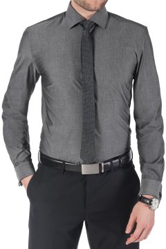 Lesklá šedá pánská košile FORMAL Lisco na postavě s lesklou kravatou