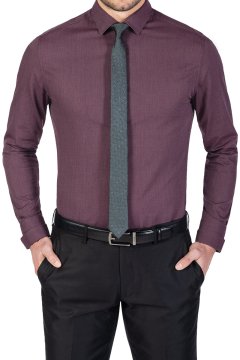 Pánská bordó košile s texturou SLIM Benito na postavě s kravatou