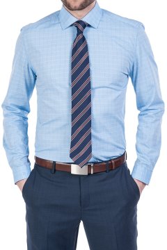 Modrá károvaná košile SLIM Carati na postavě s pruhovanou kravatou