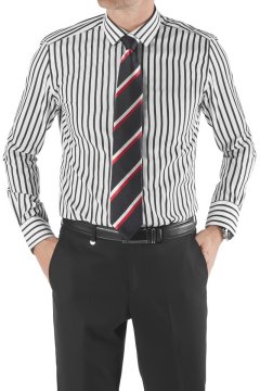 Bílá pánská košile s černými proužky SLIM Zacca na postavě s kravatou